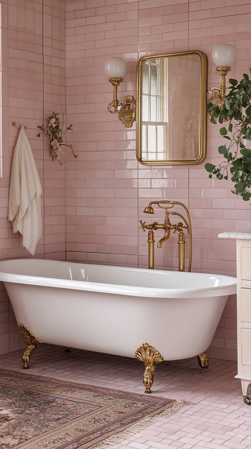 Bathroom with vintage pink tile