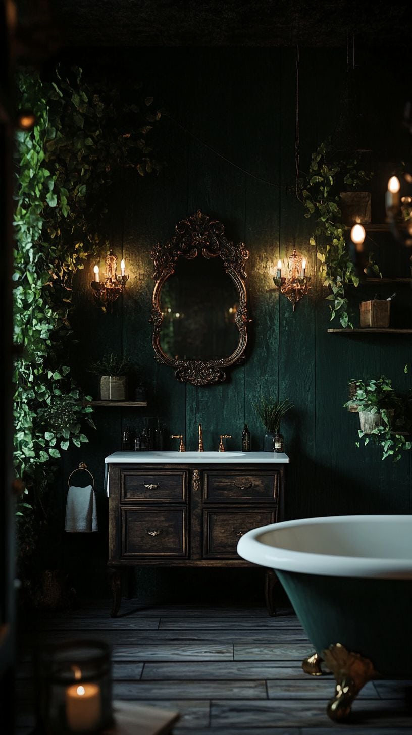 Dark cottage core bathroom