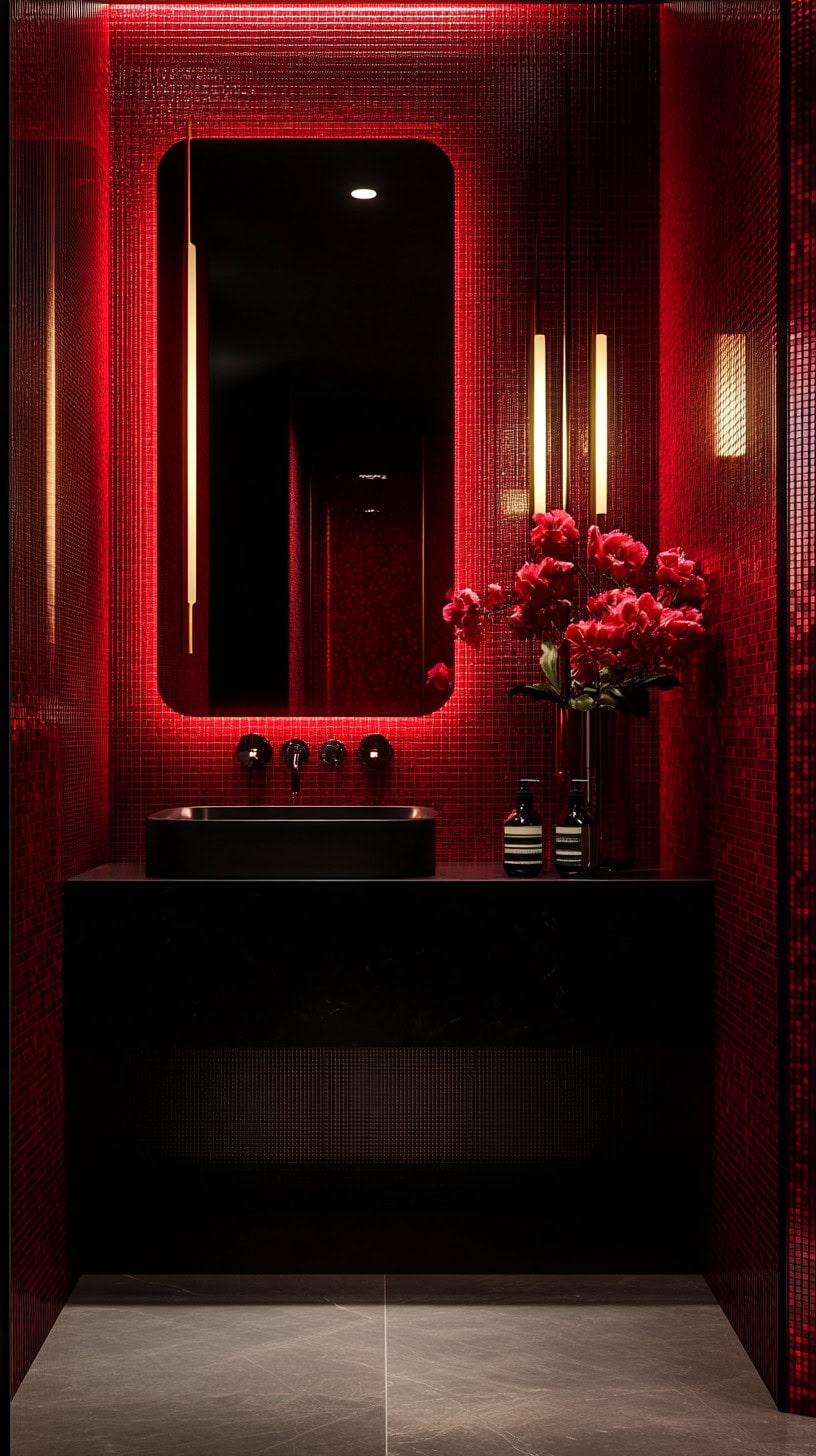 Dark red bathroom with tiles