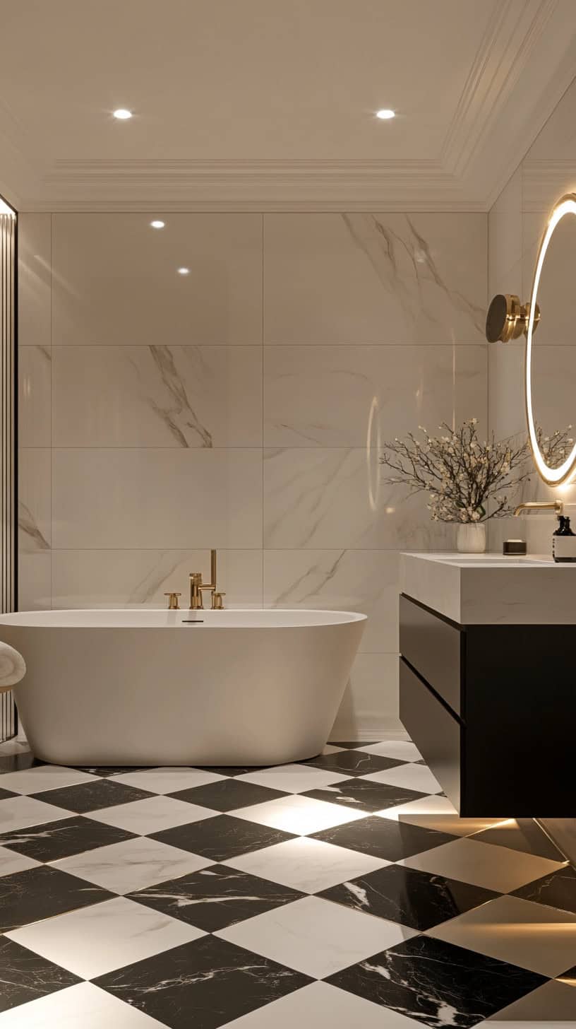 This modern bathroom has a black and white marble checkered floor that looks stylish and elegant. A big mirror, soft lights, and gold accents make the space feel bright and fancy.
