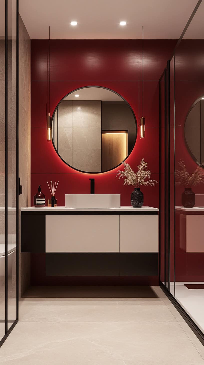 Bathroom with red accent wall