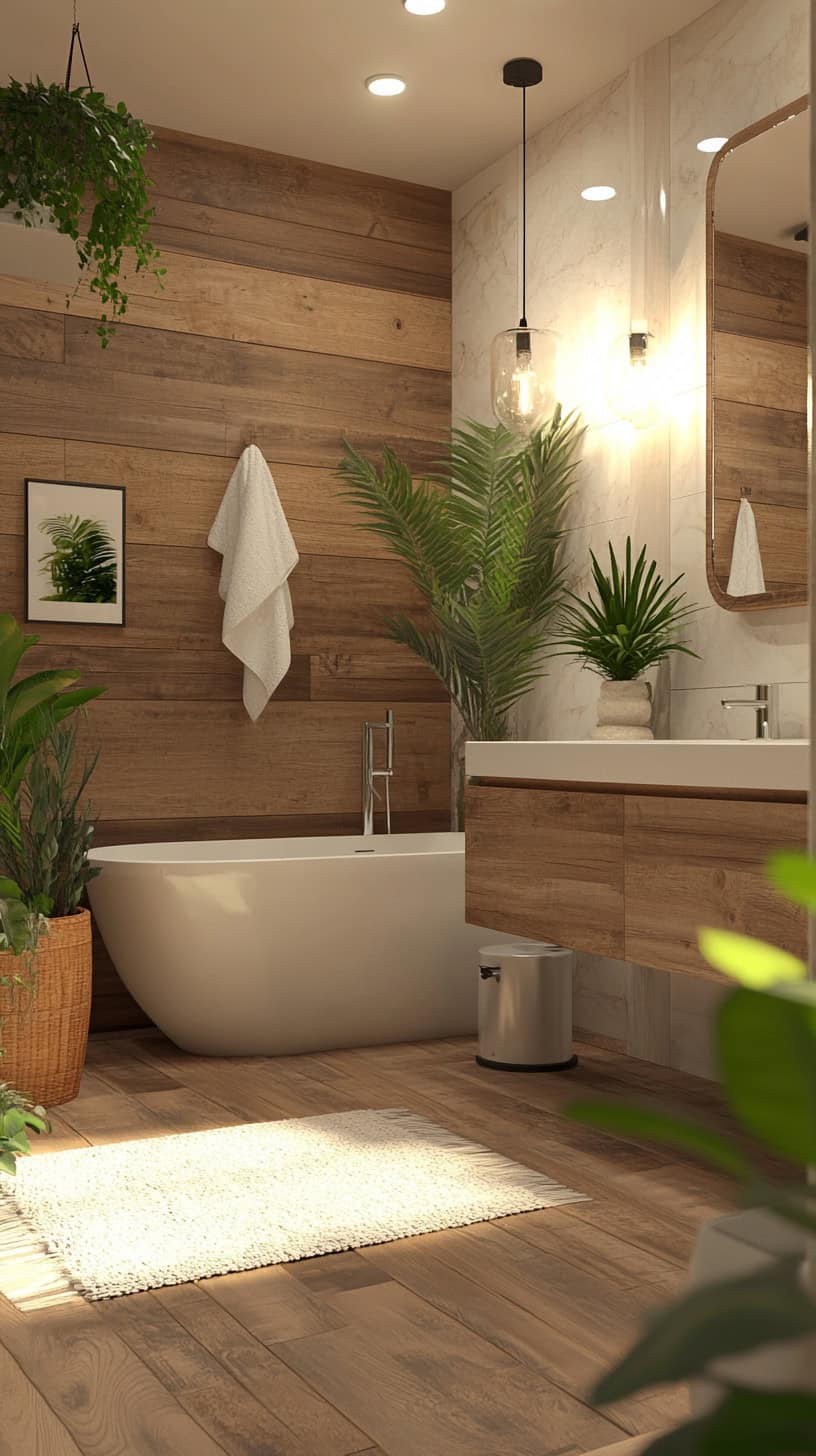 Brown and white bathroom with decor