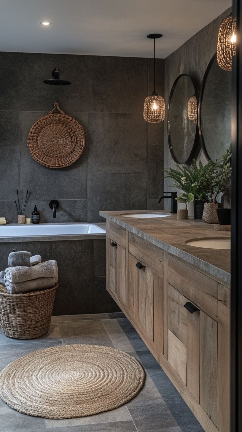 Rustic bathroom with vanities