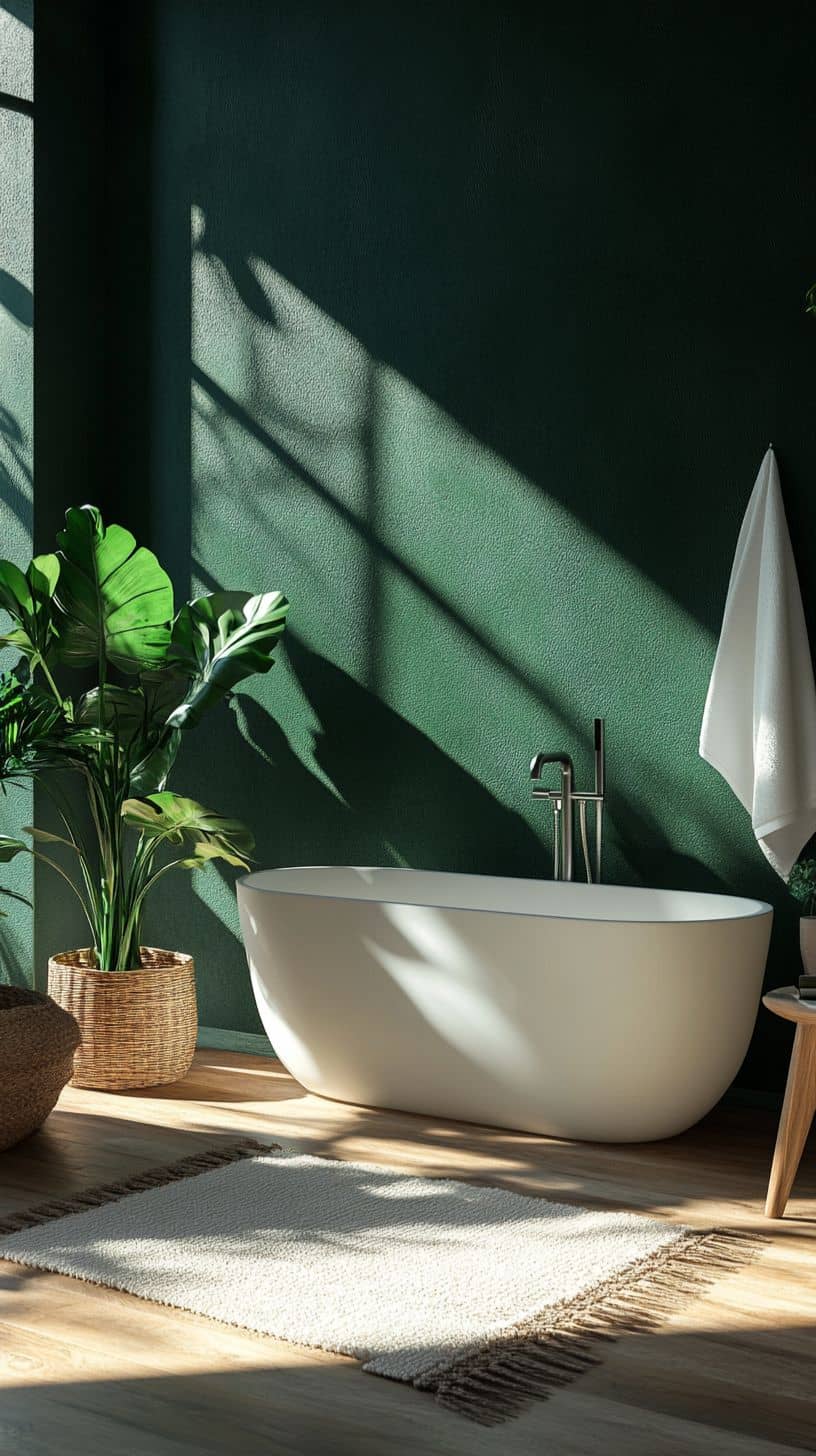 Dark green and wood bathroom