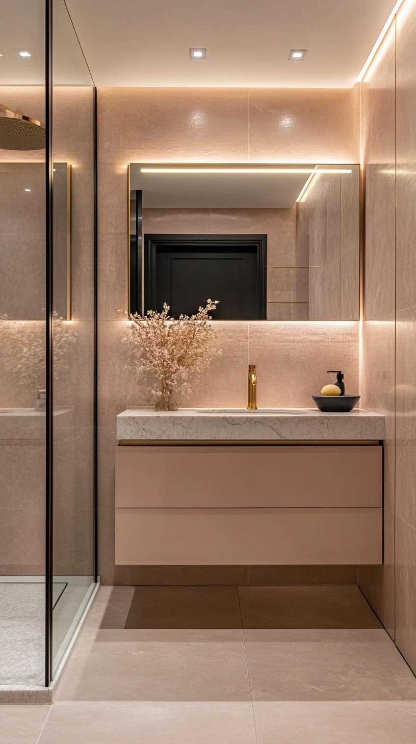 Bathroom with dusty pink tiles