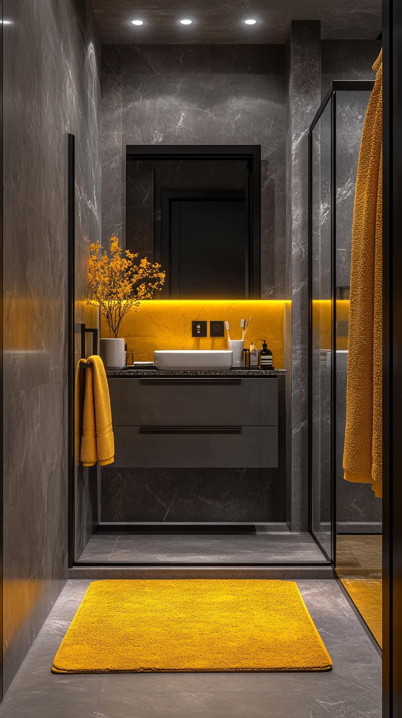 Bathroom with yellow and gray and decor