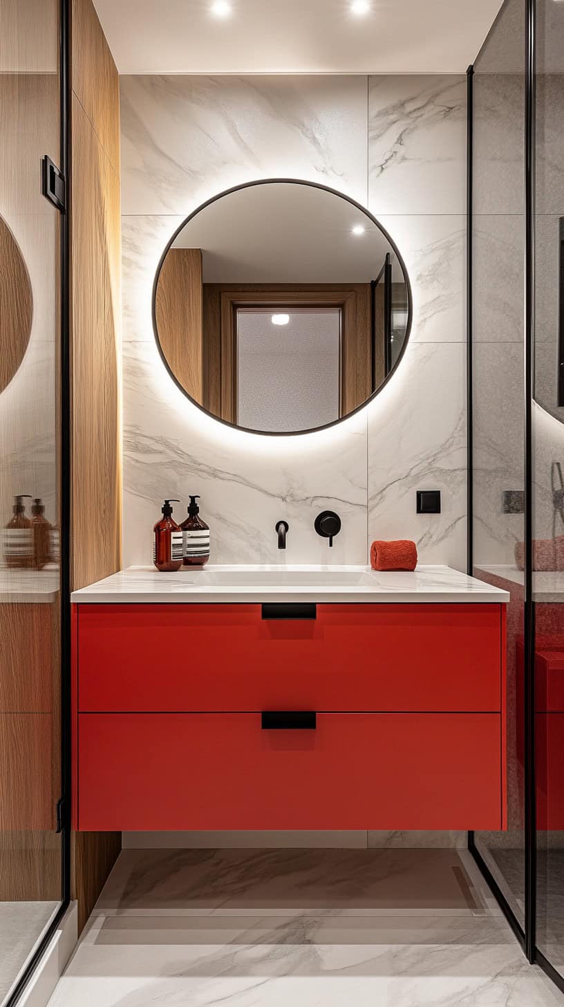 Bathroom with red vanity