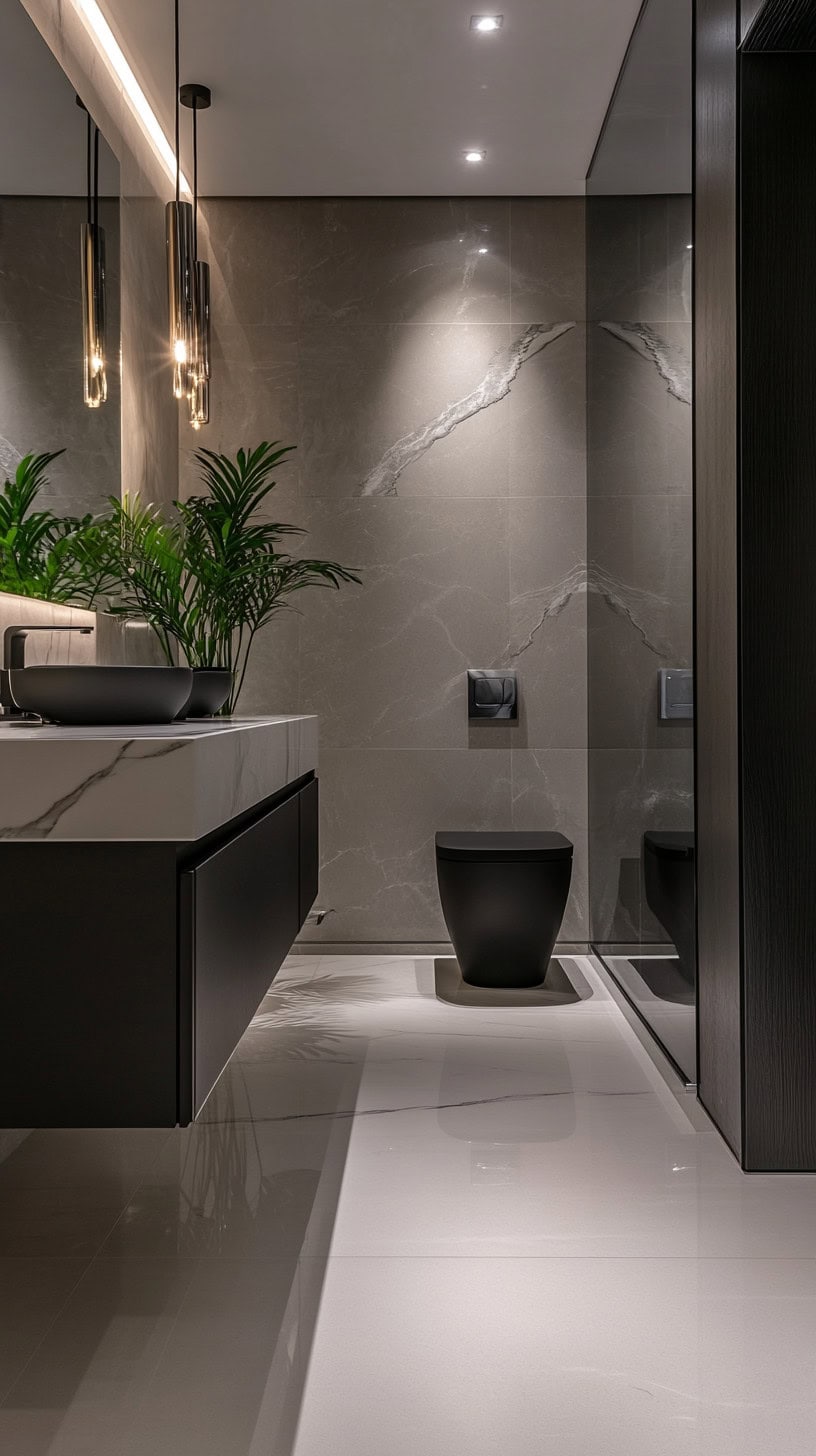 Marble bathroom with black vanity