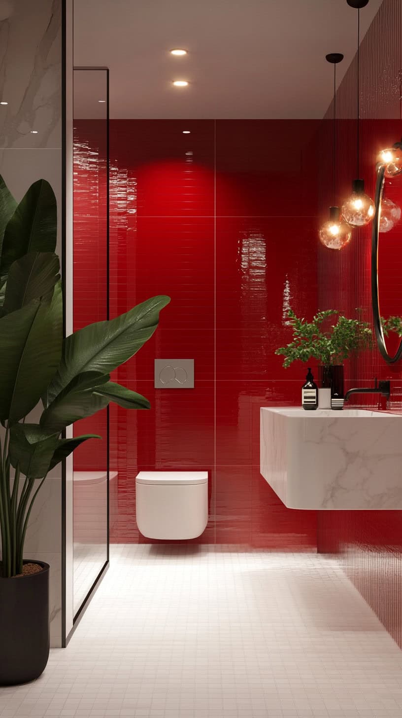 Red and white bathroom with decor