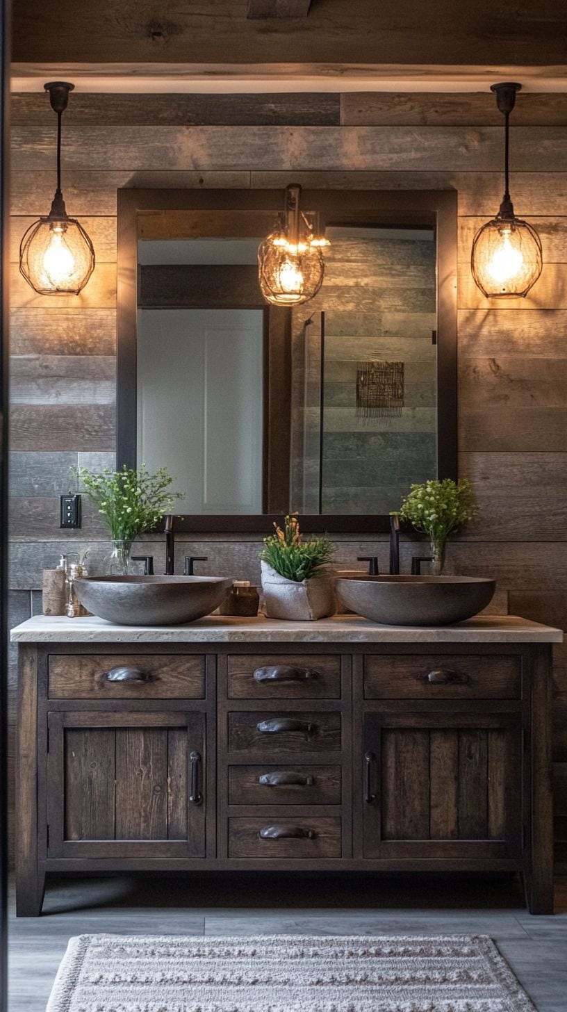 Rustic bathroom with sinks and vanities