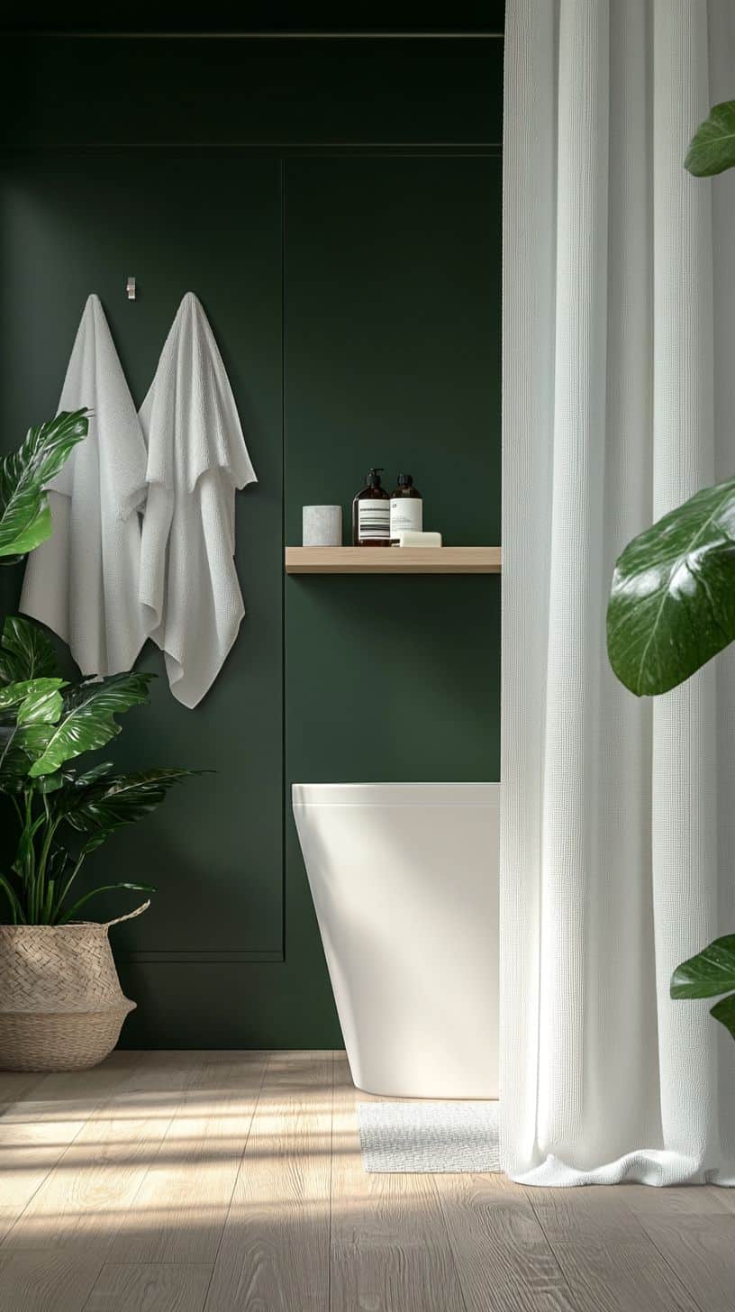 Dark green bathroom with shower curtain