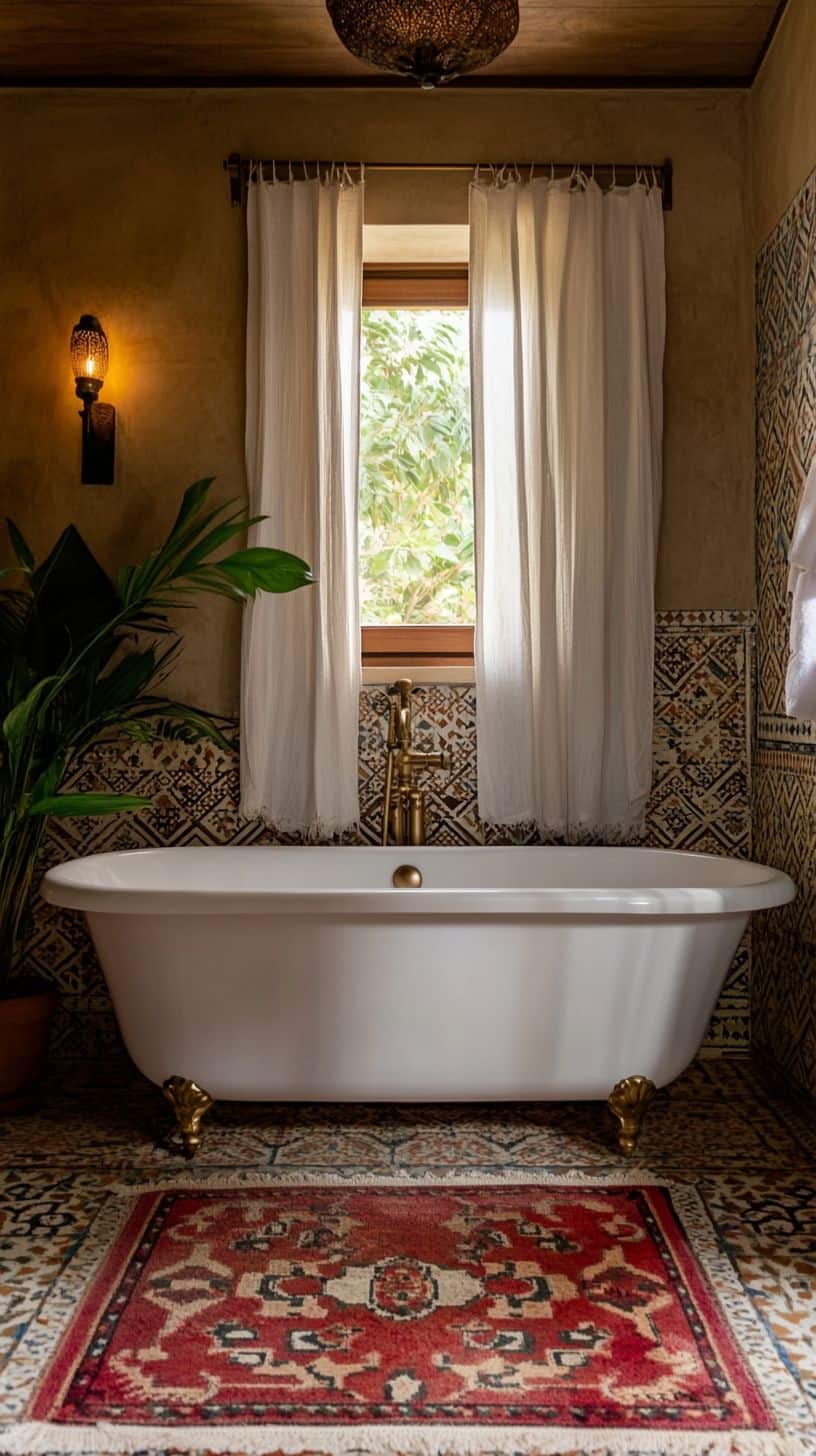 Moroccan bathroom with rug