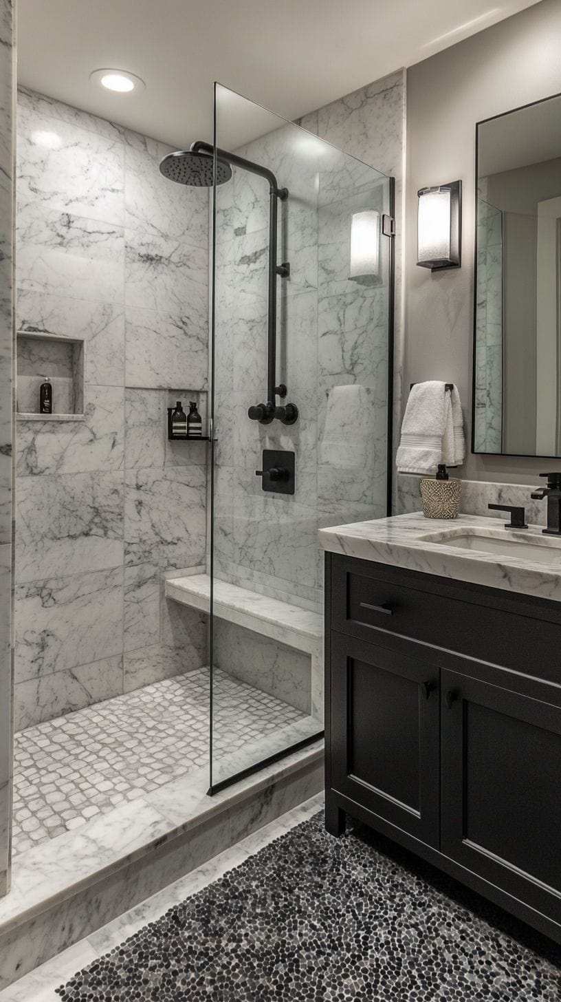 Apartment bathroom with black and white decor