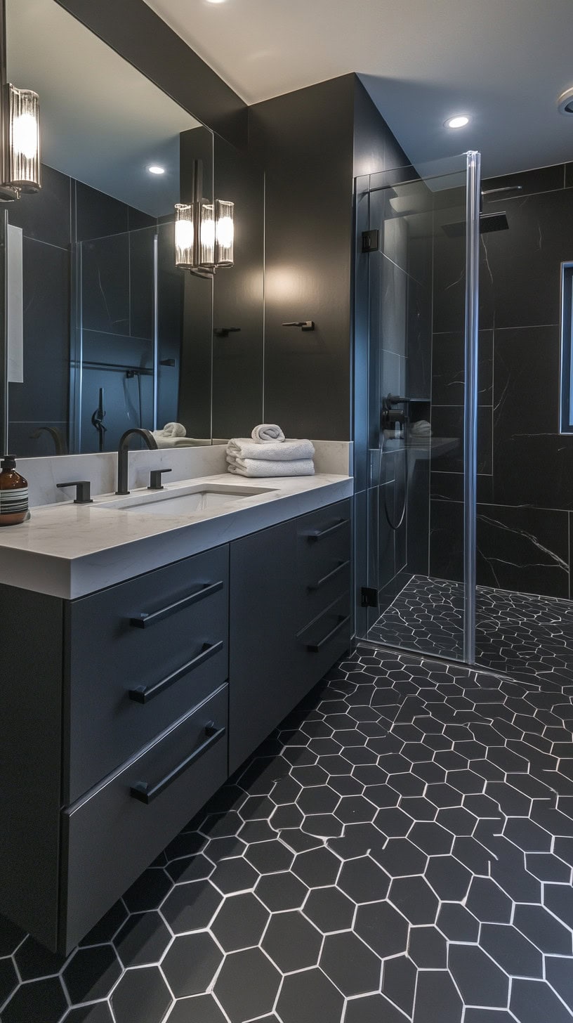 Bathroom with black hexagon tile floor and marble walls