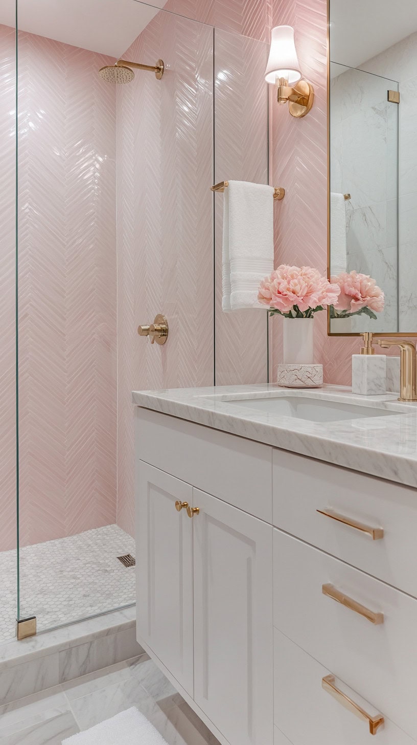 Bathroom with pink herringbone tile