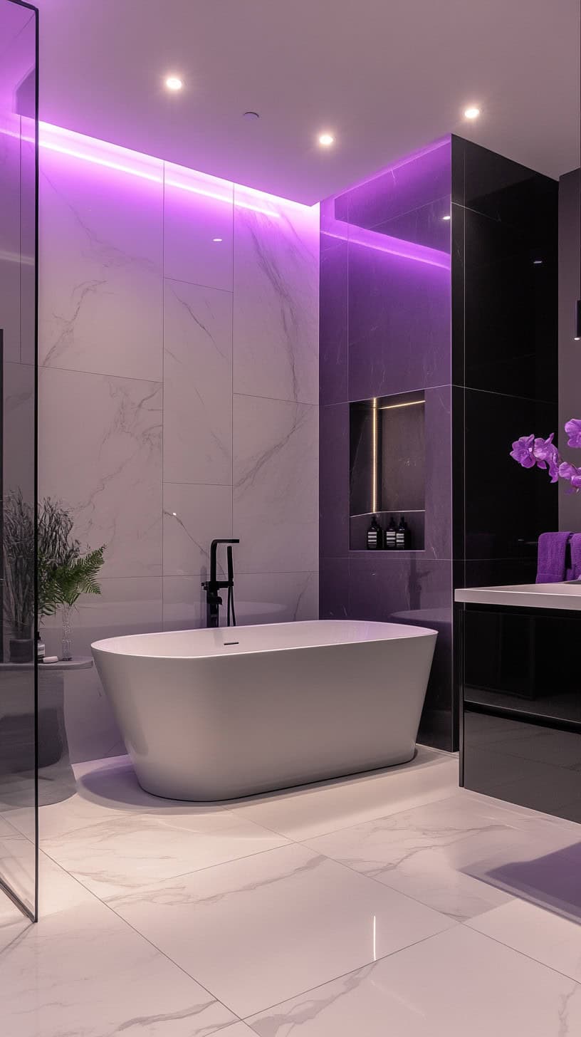 Black, white, and purple bathroom