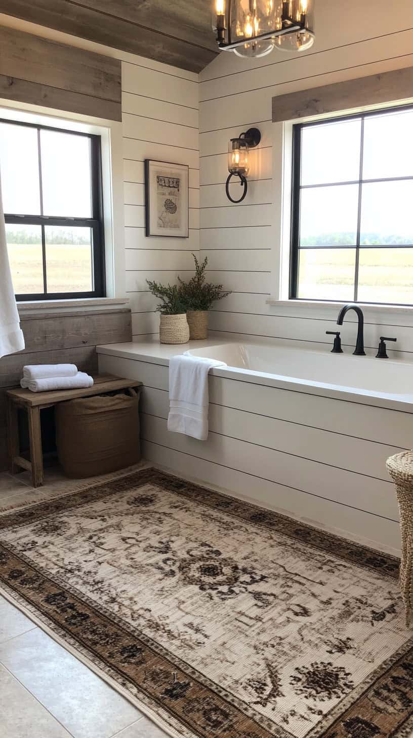 Farmhouse master bathroom with rugs