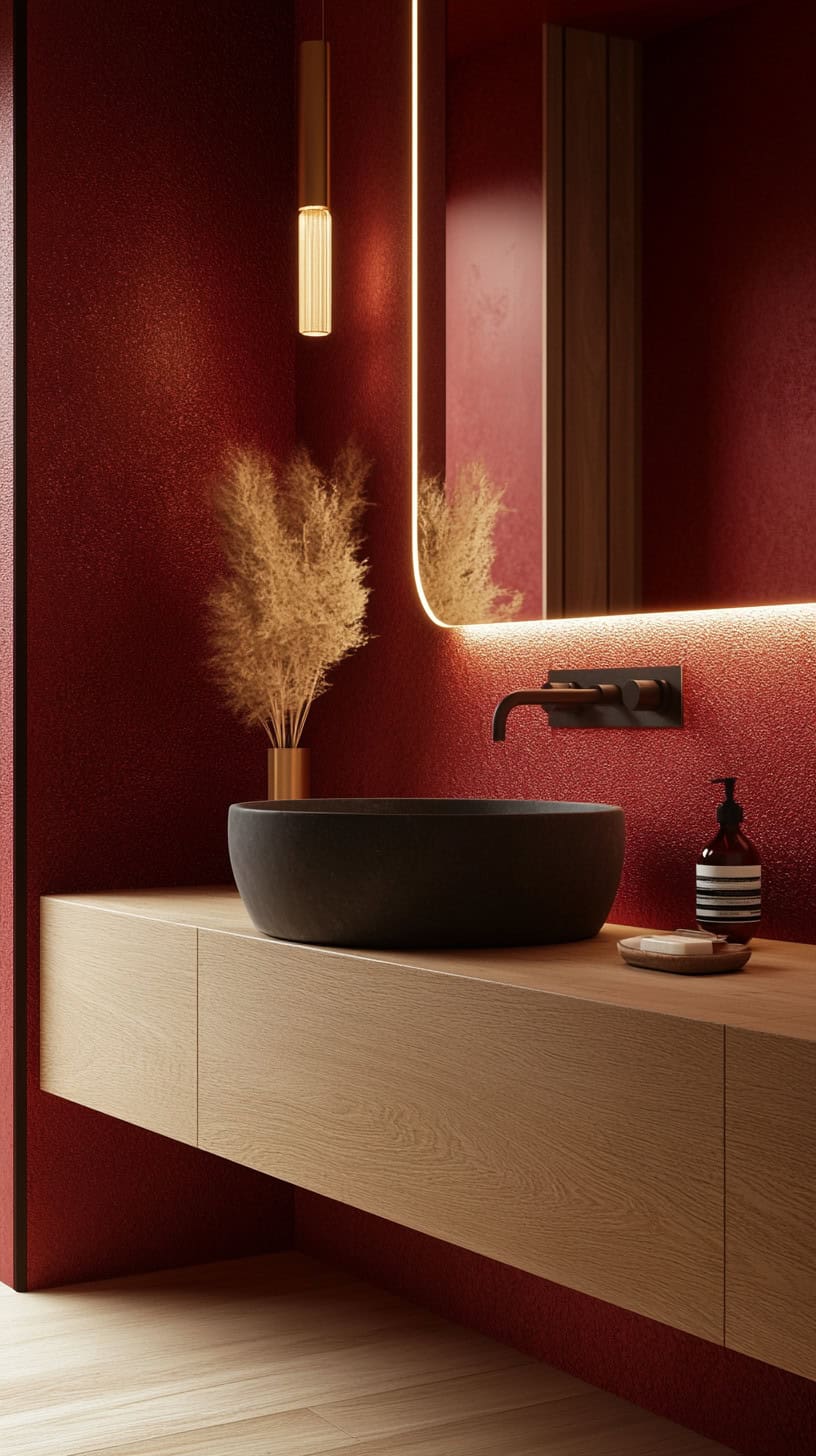 Red bathroom with oak vanity