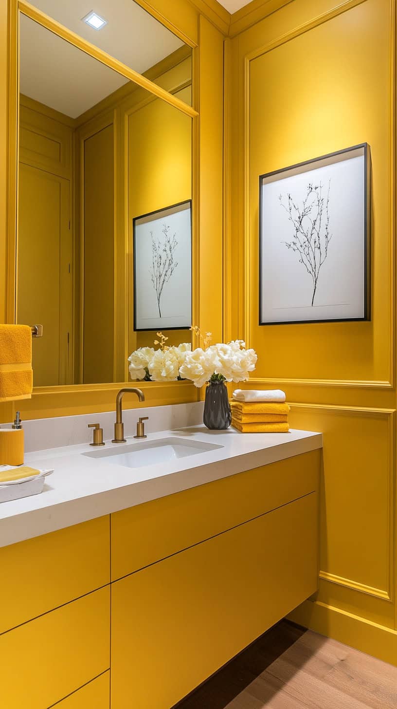 Yellow bathroom with wall decor