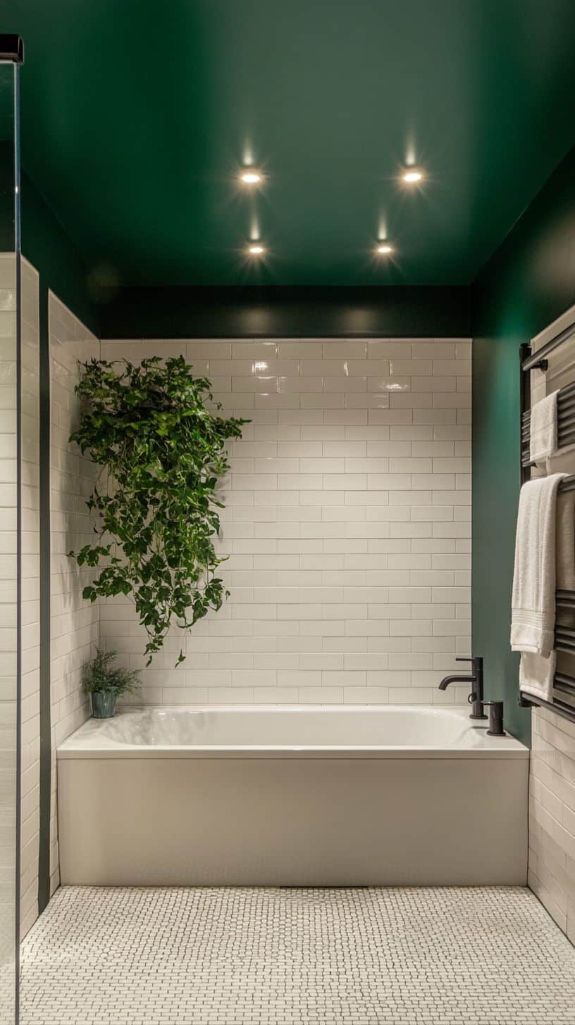 Bathroom with dark green ceiling
