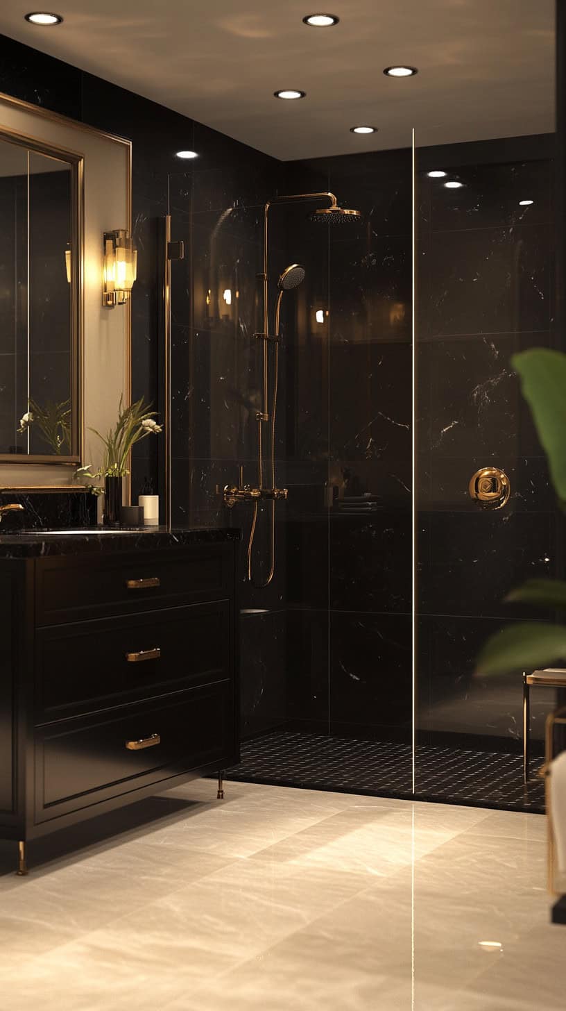 Bathroom with black marble penny tile