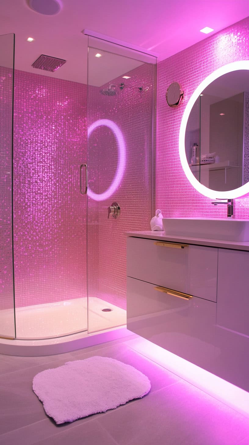 Bathroom with pink glass tile