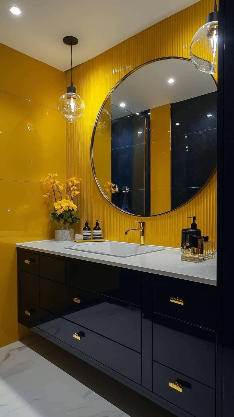 Navy blue and yellow bathroom