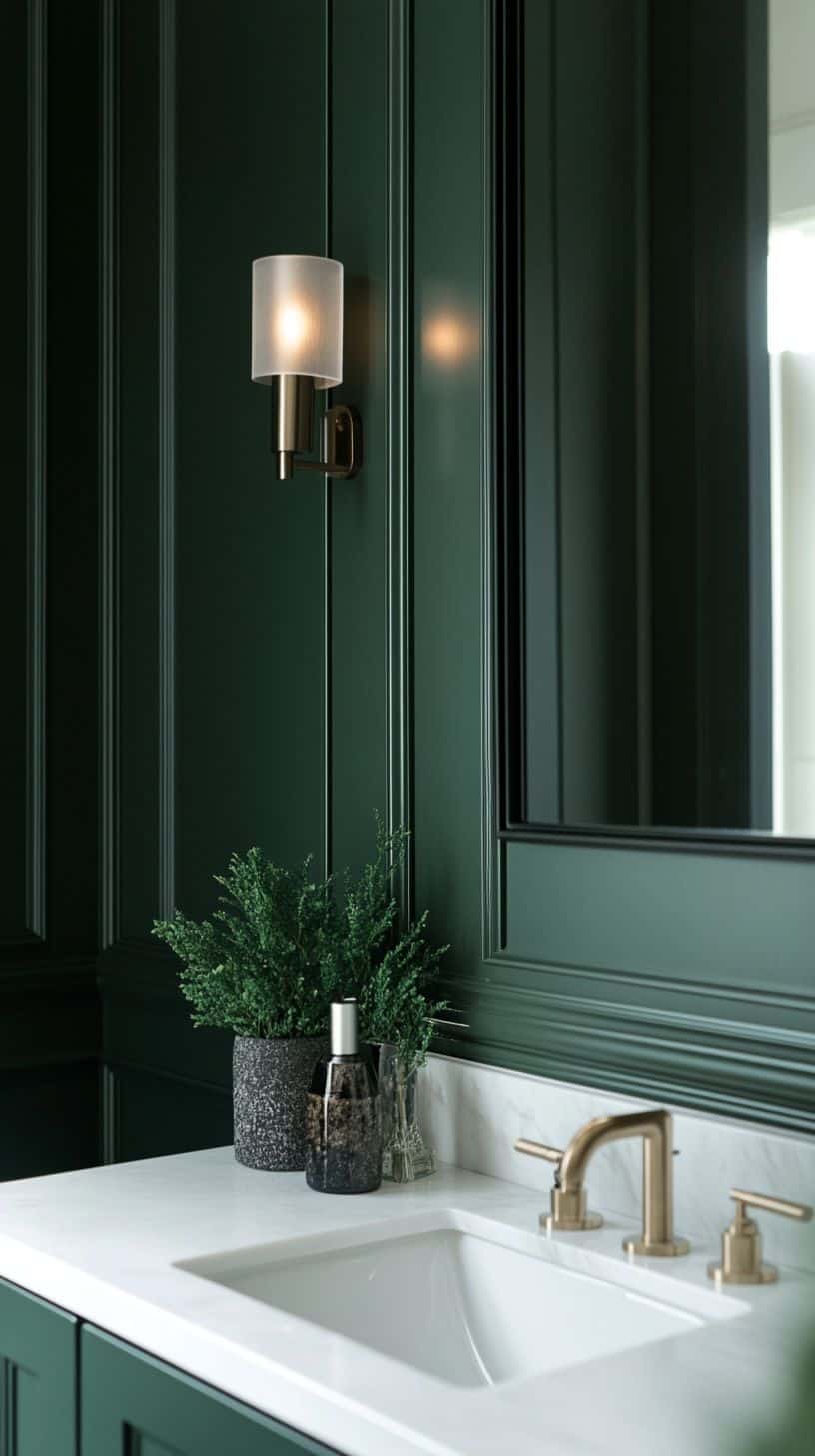 Bathroom with dark green wainscoting