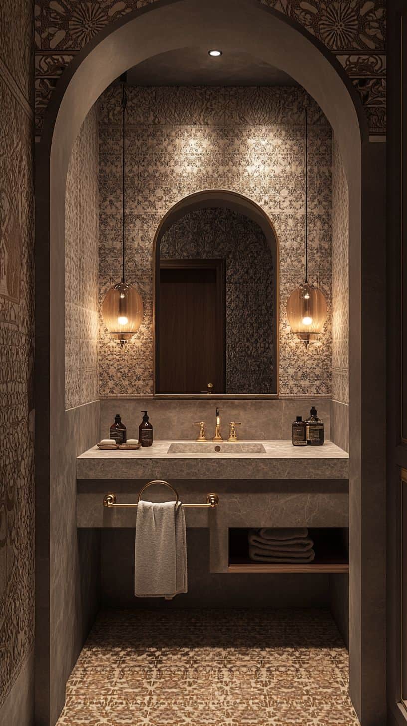 Moroccan bathroom with wallpaper