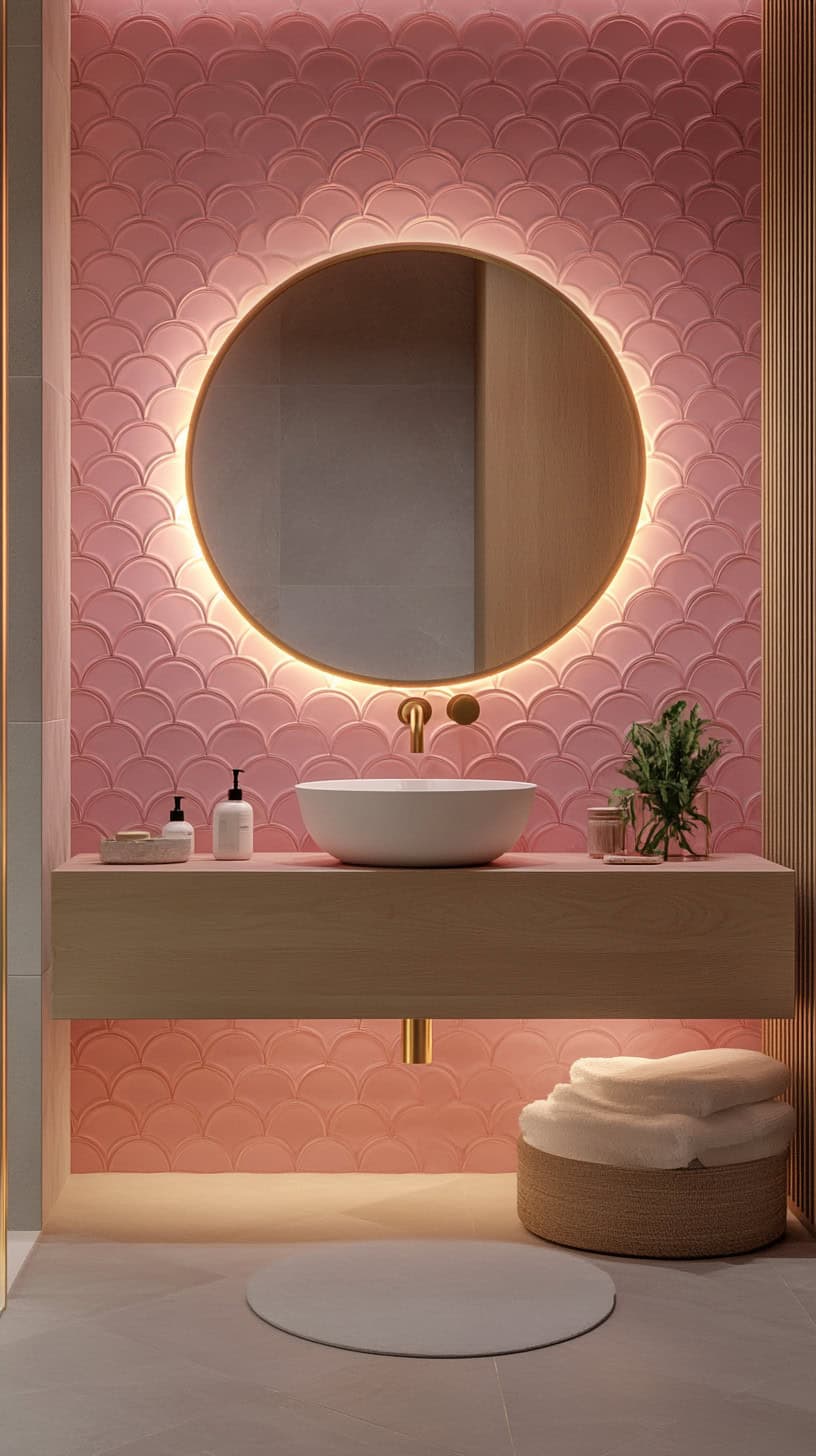 Bathroom with pink fish scale tile