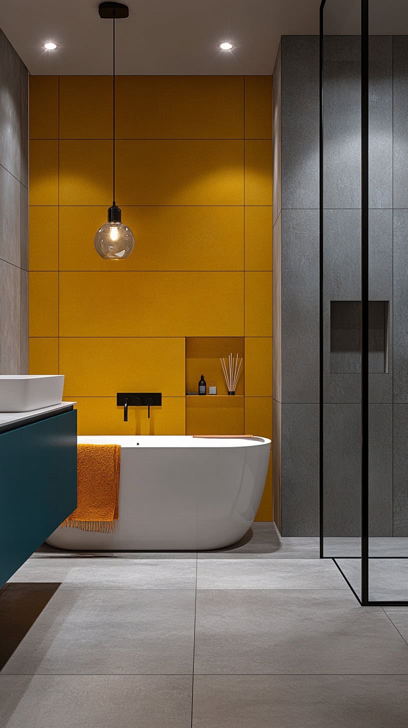 Grey, blue and yellow bathroom