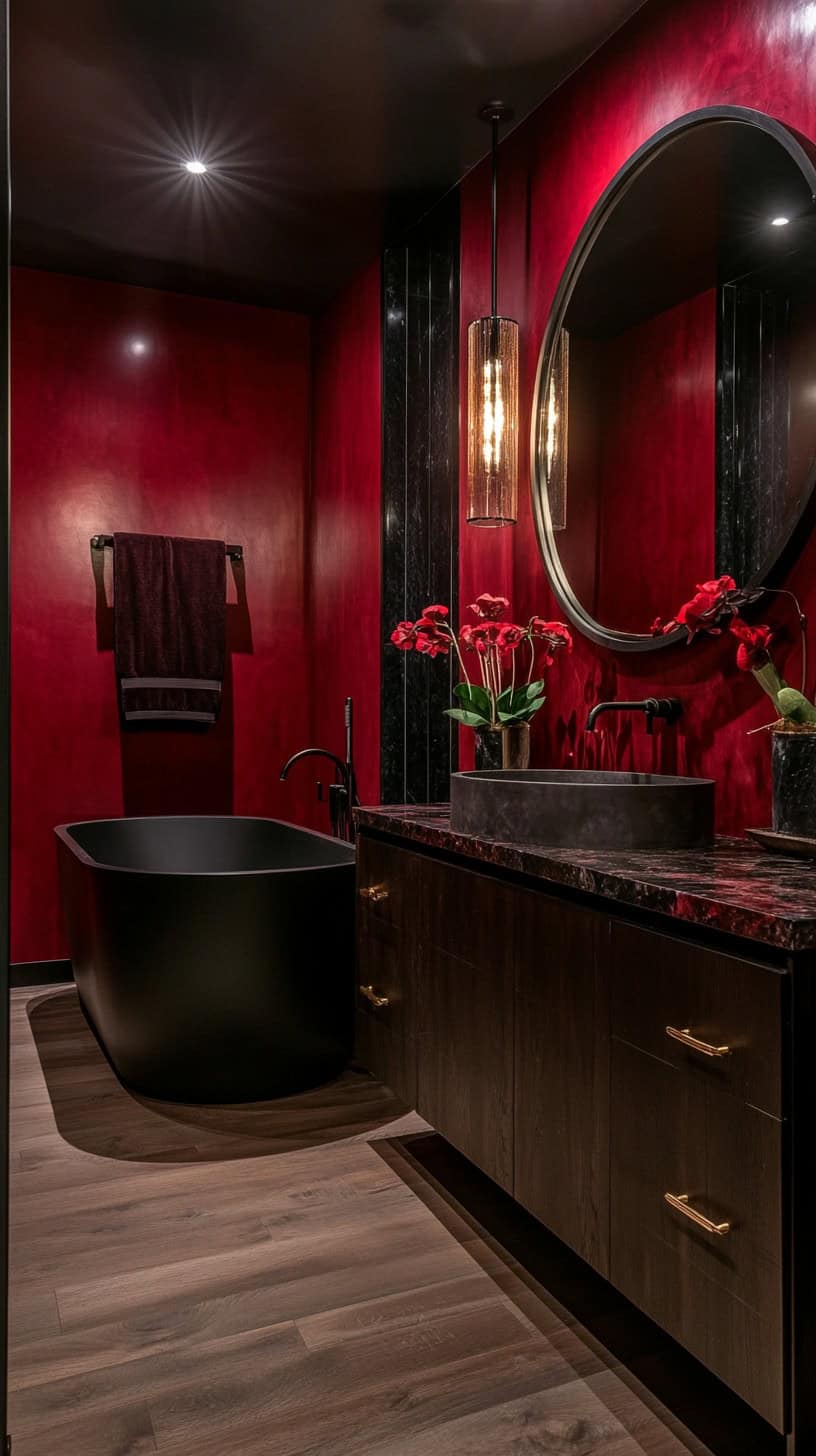 Moody red bathroom