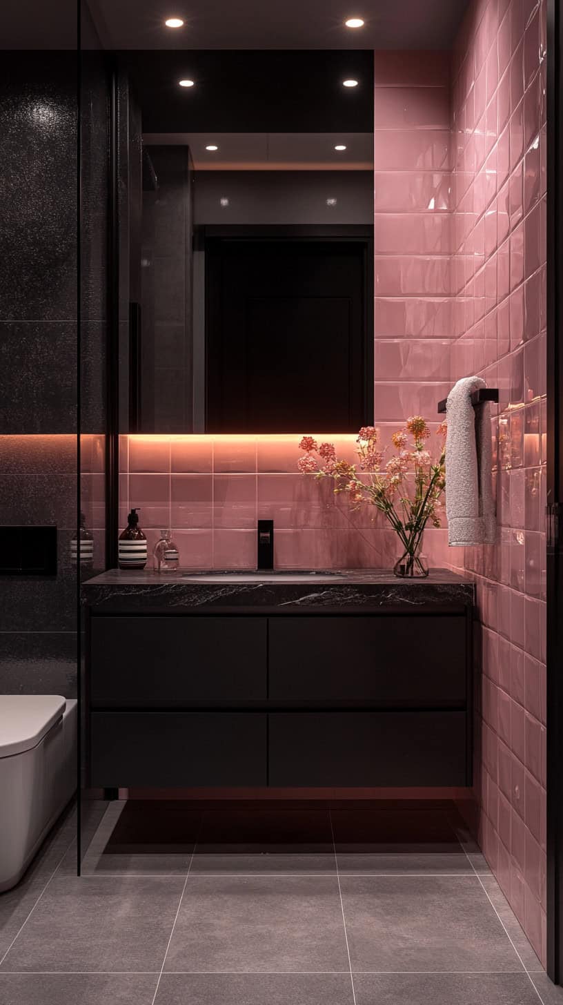 Bathroom with black and pink tile