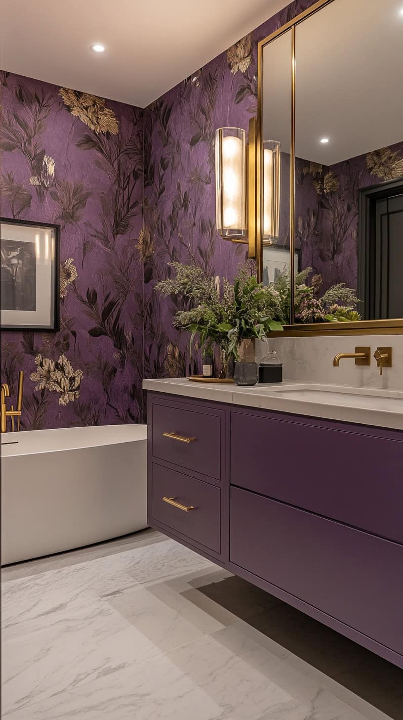 Bathroom with purple wallpaper