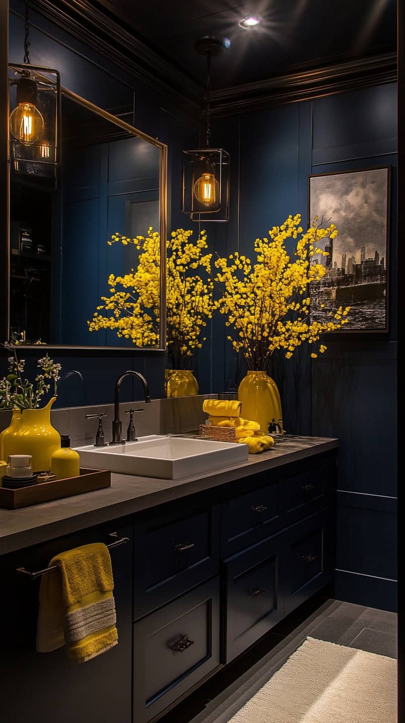 Navy blue, gray and yellow bathroom