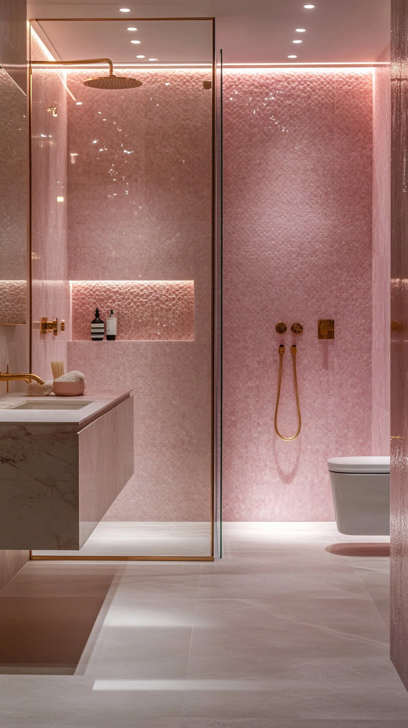 Bathroom with pink mermaid tile