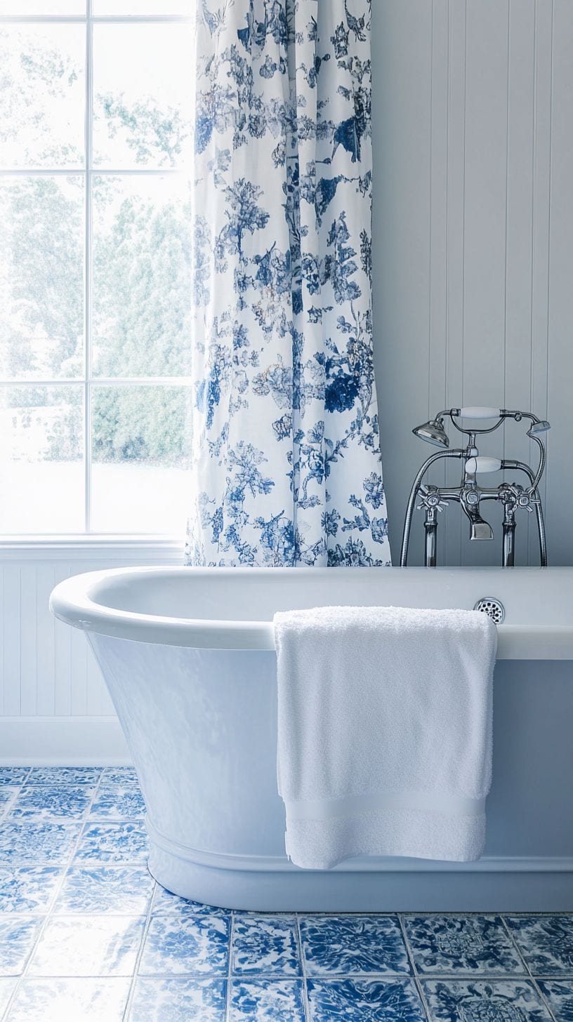 Blue and white french country bathroom