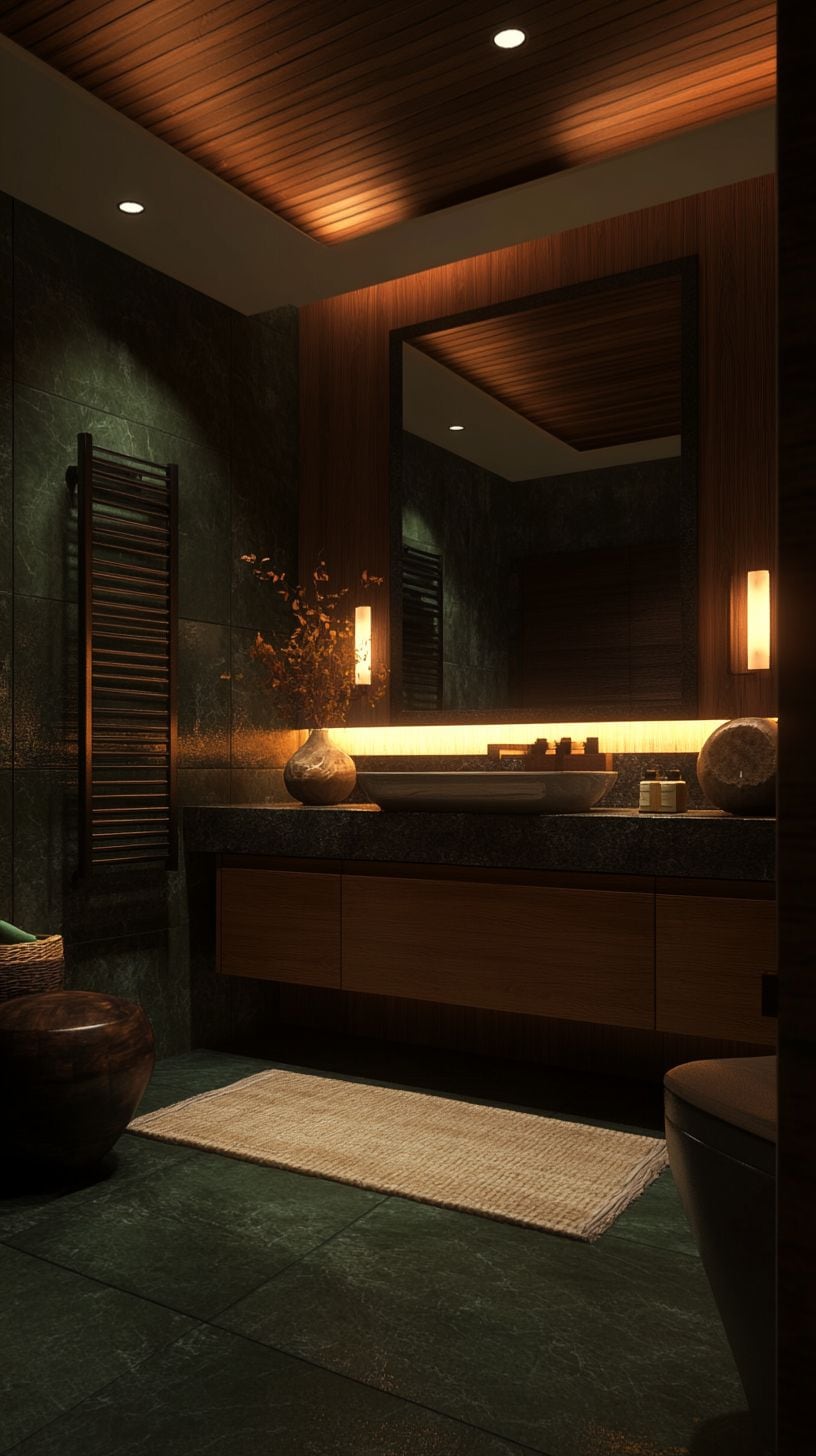 Dark green and brown bathroom