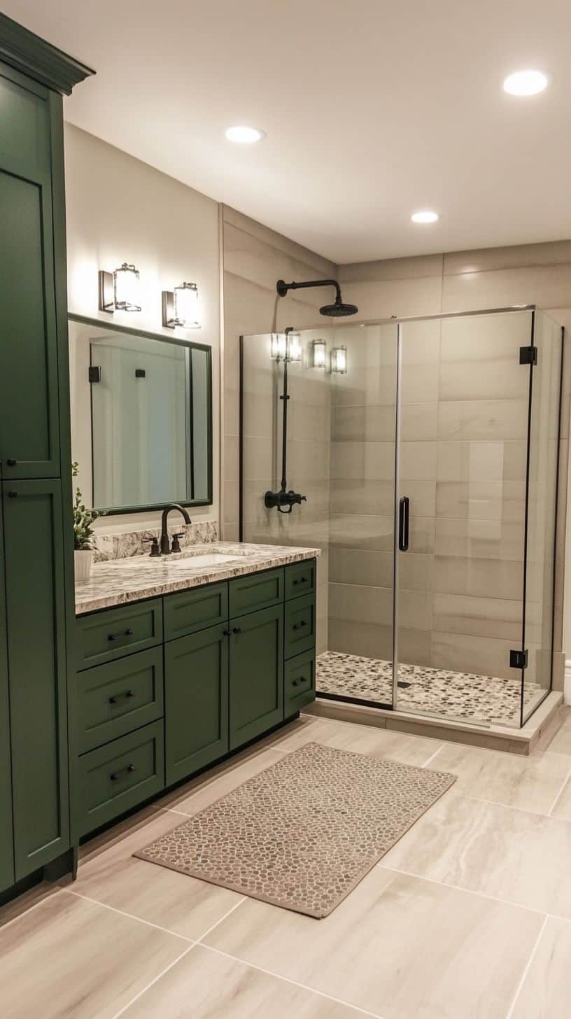 Master bathroom with dark green cabinets