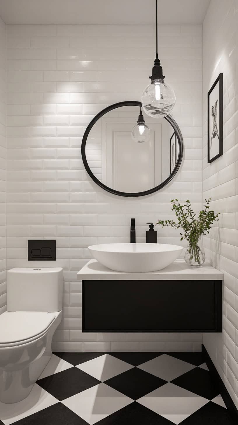 Bathroom with black and white floor