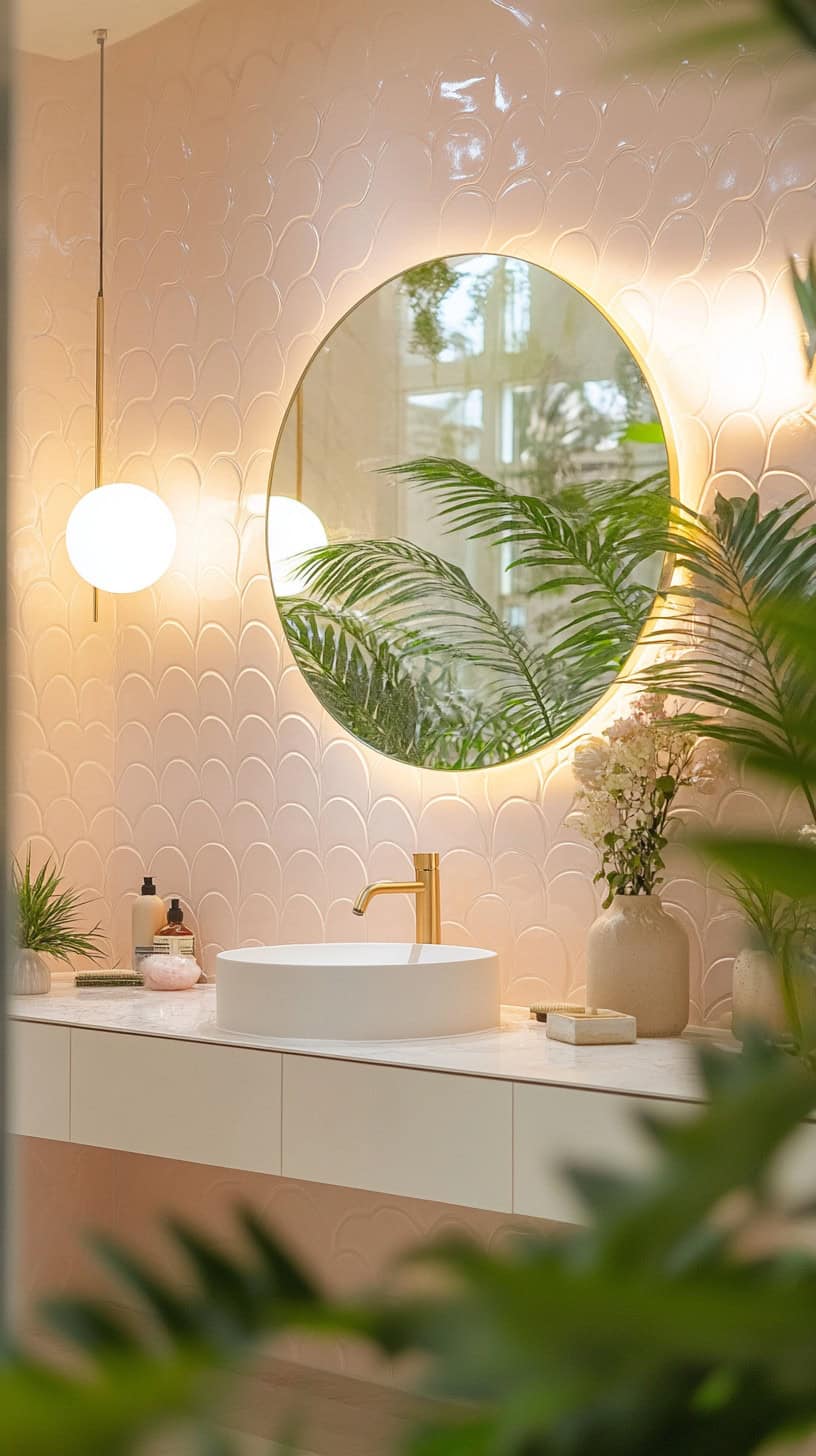 Bathroom with pink scallop tiles
