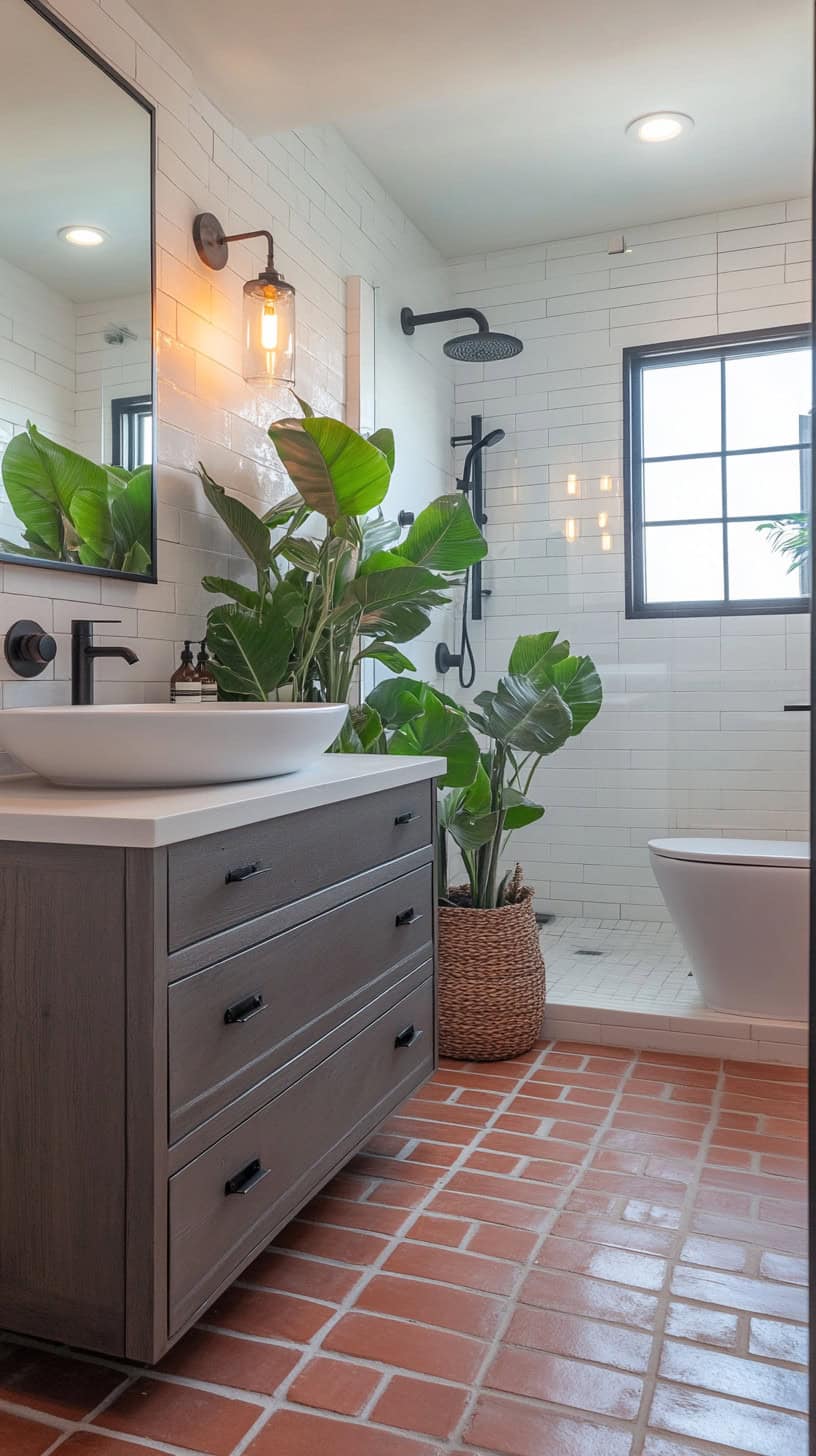 Bathroom with red brick floor