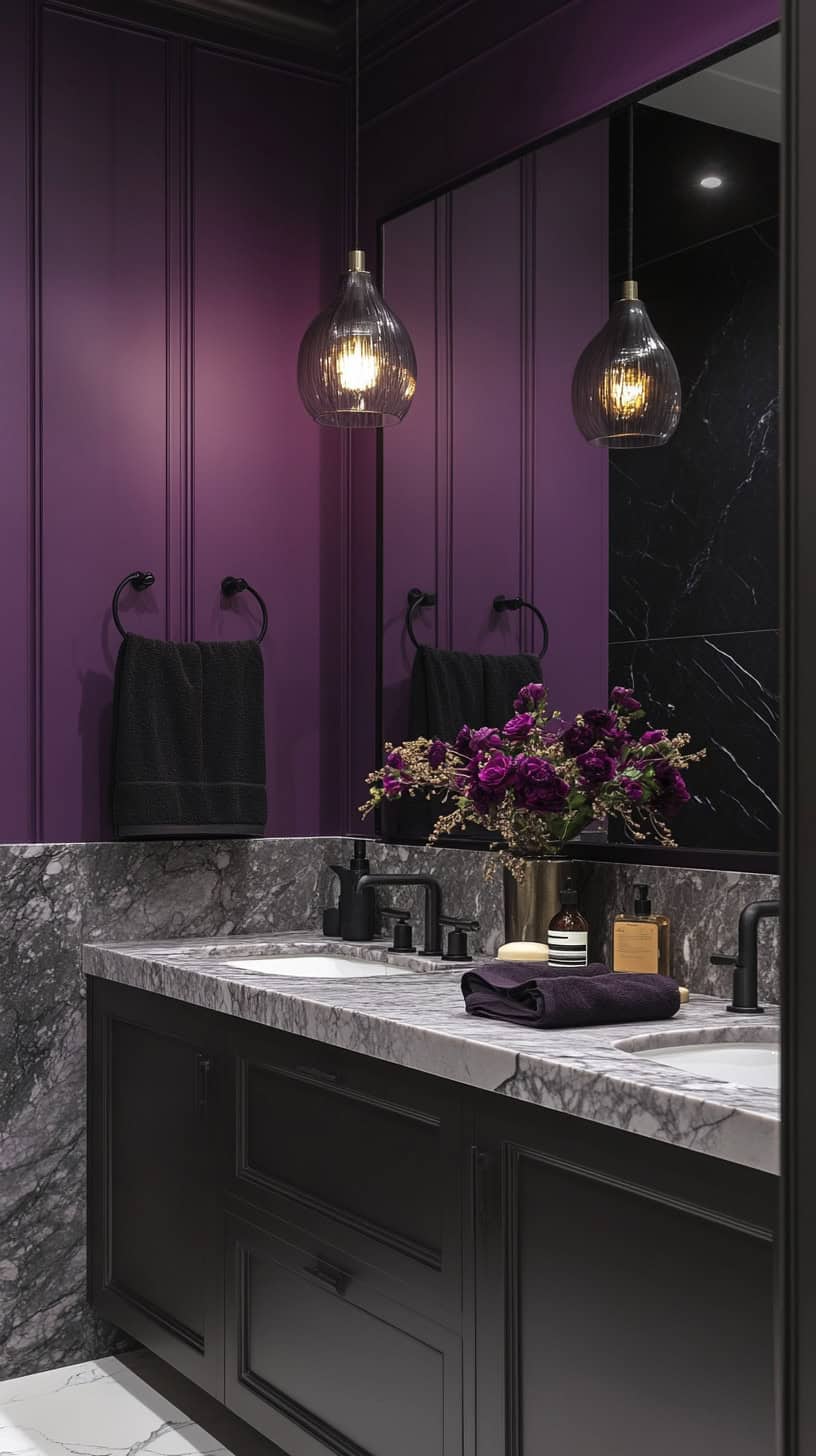 Purple, black, and grey bathroom