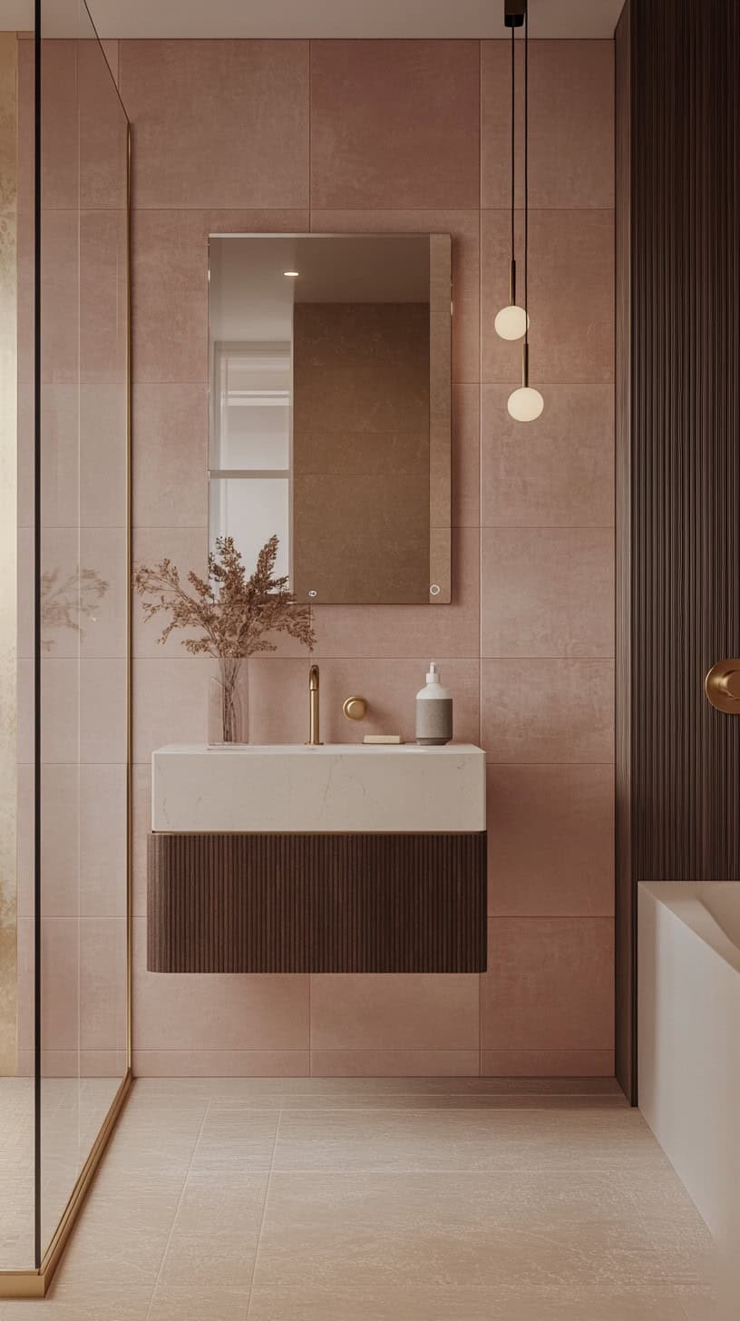 Bathroom with pink and brown tile