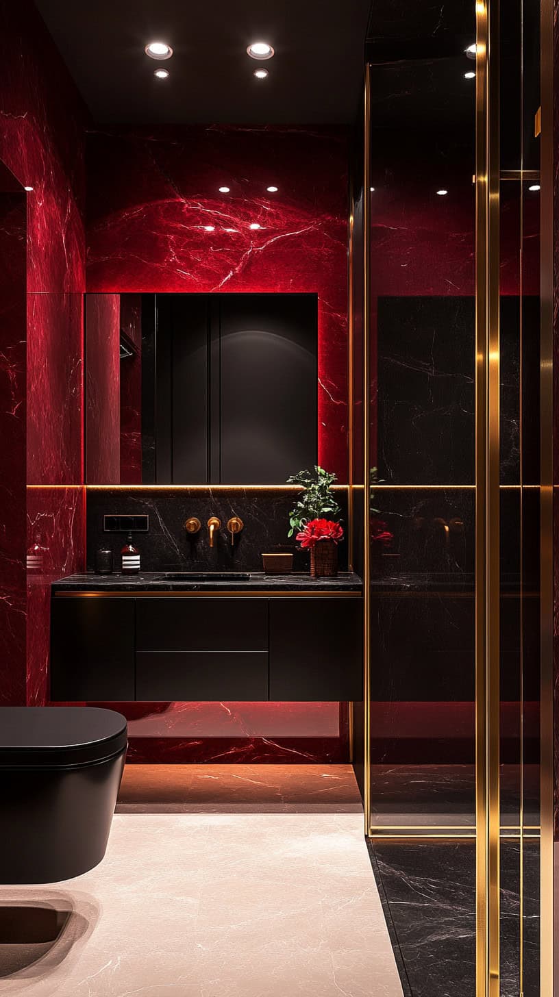 Red, black and gold bathroom