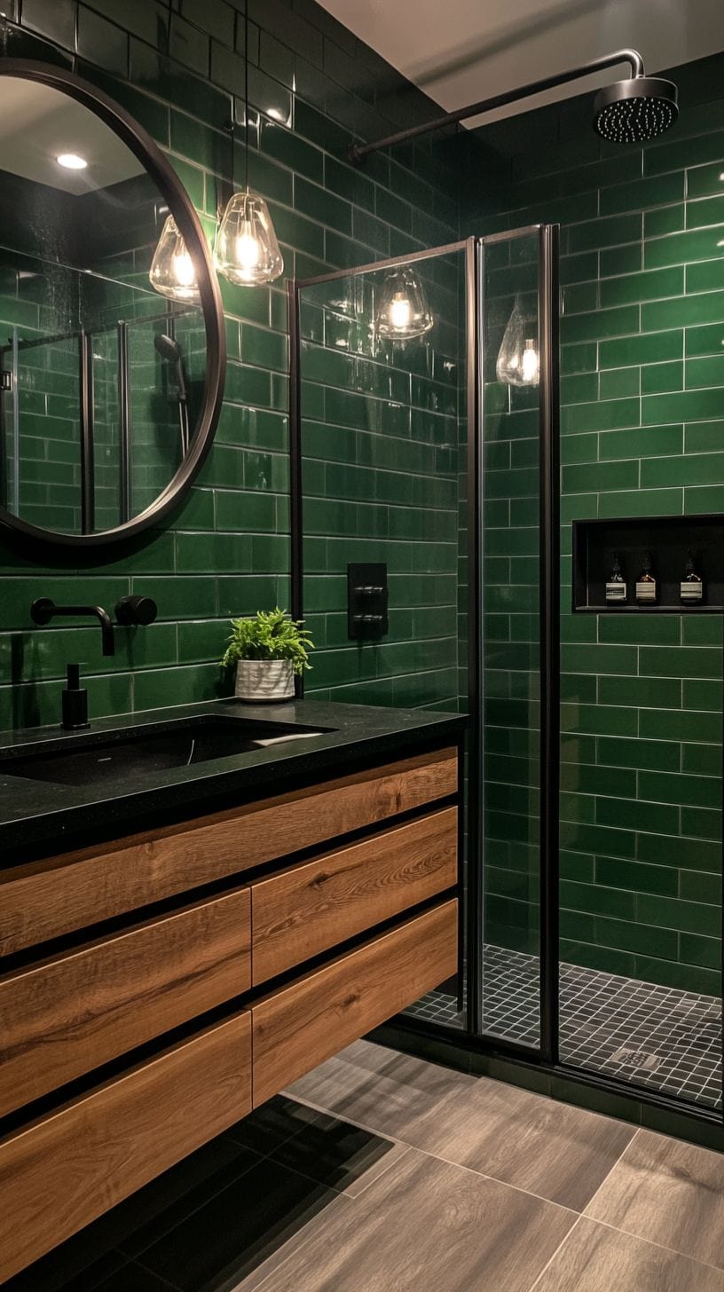 Dark green and black bathroom