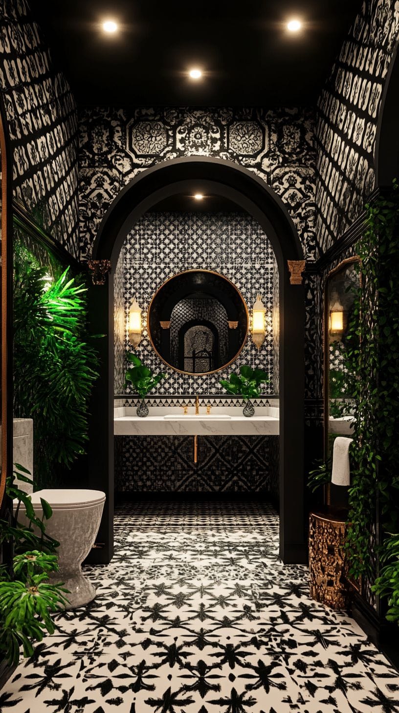 Moroccan bathroom with black and white tile