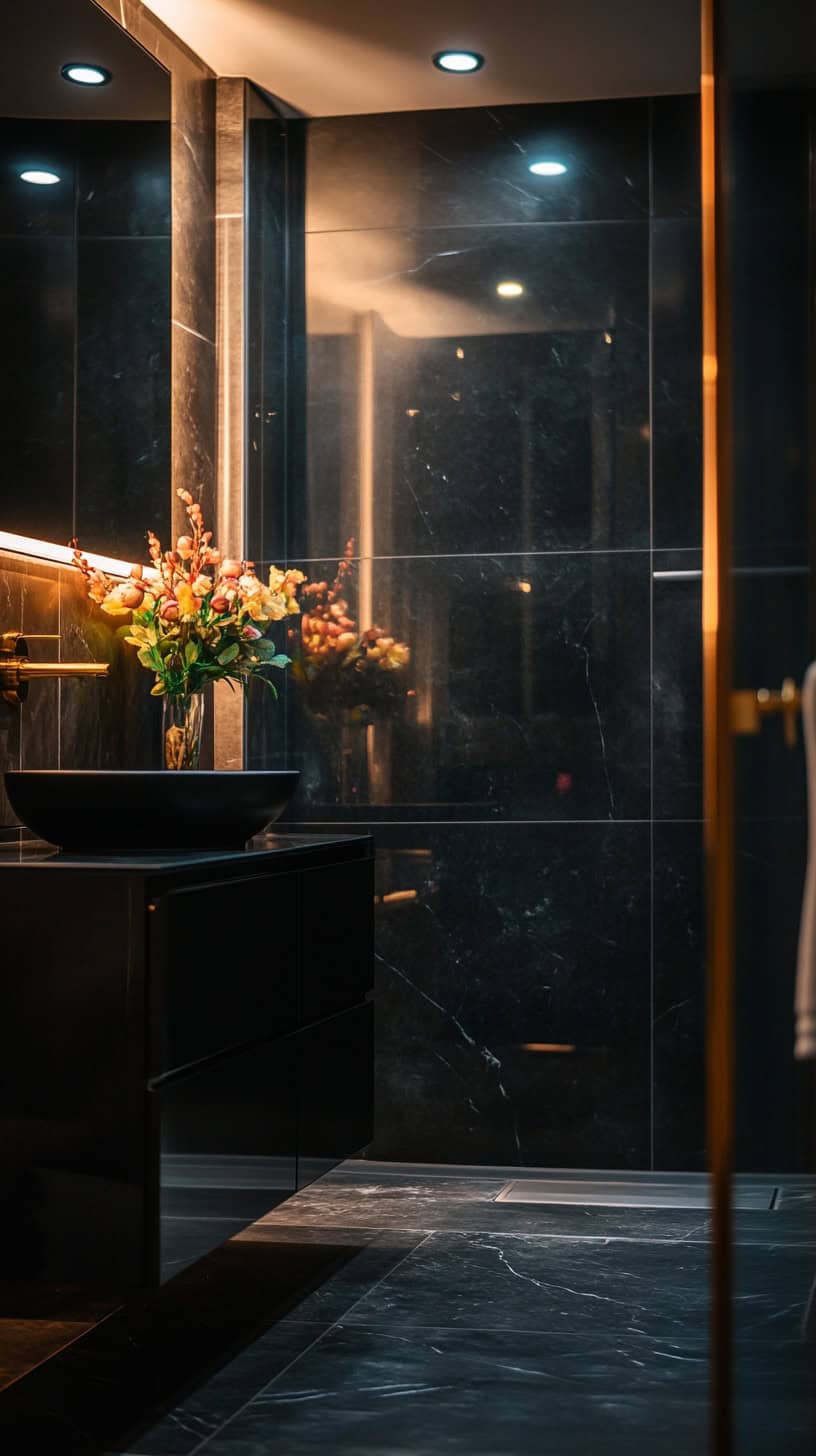 Bathroom with black marble tile