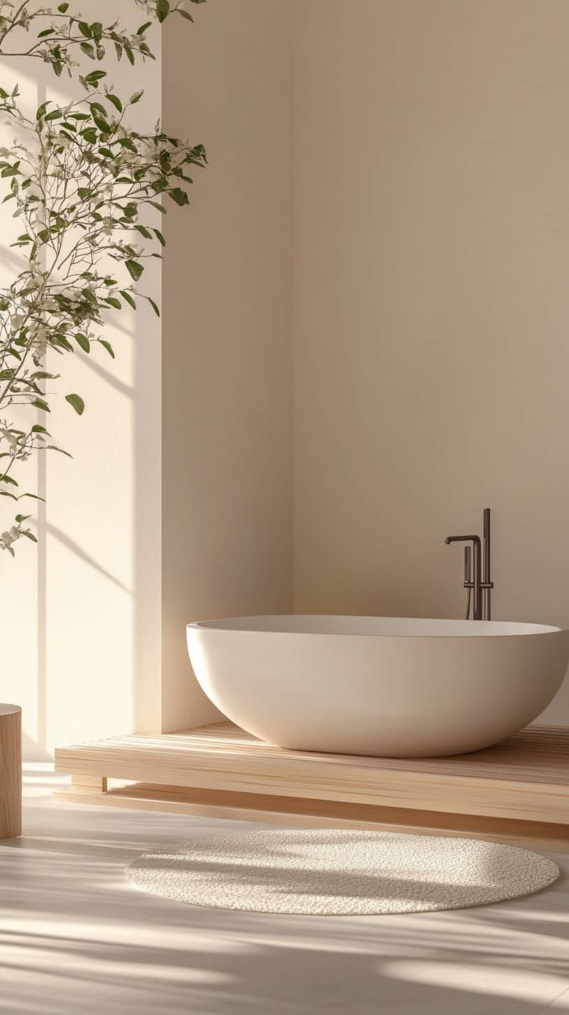 Japandi bathroom with small bathtub