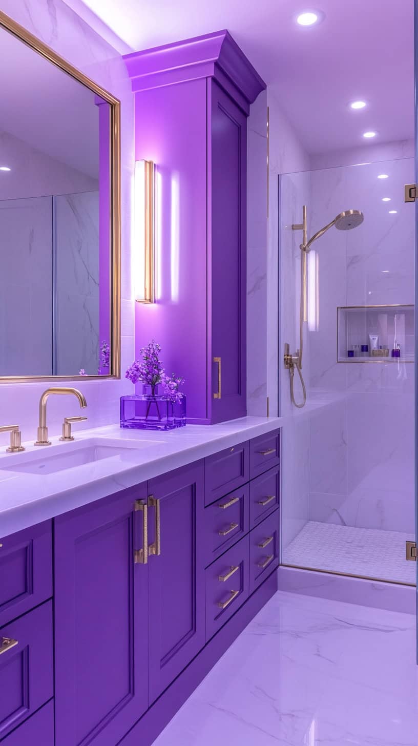 Purple bathroom with cabinets